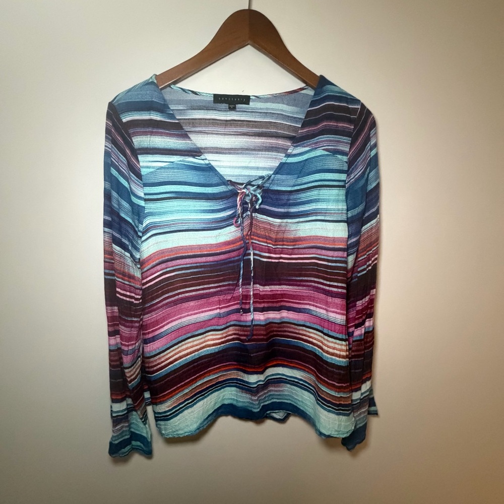 Sanctuary Boho Cottagecore Peasant Bell Sleeve Large Top Multicolor Stripes EUC